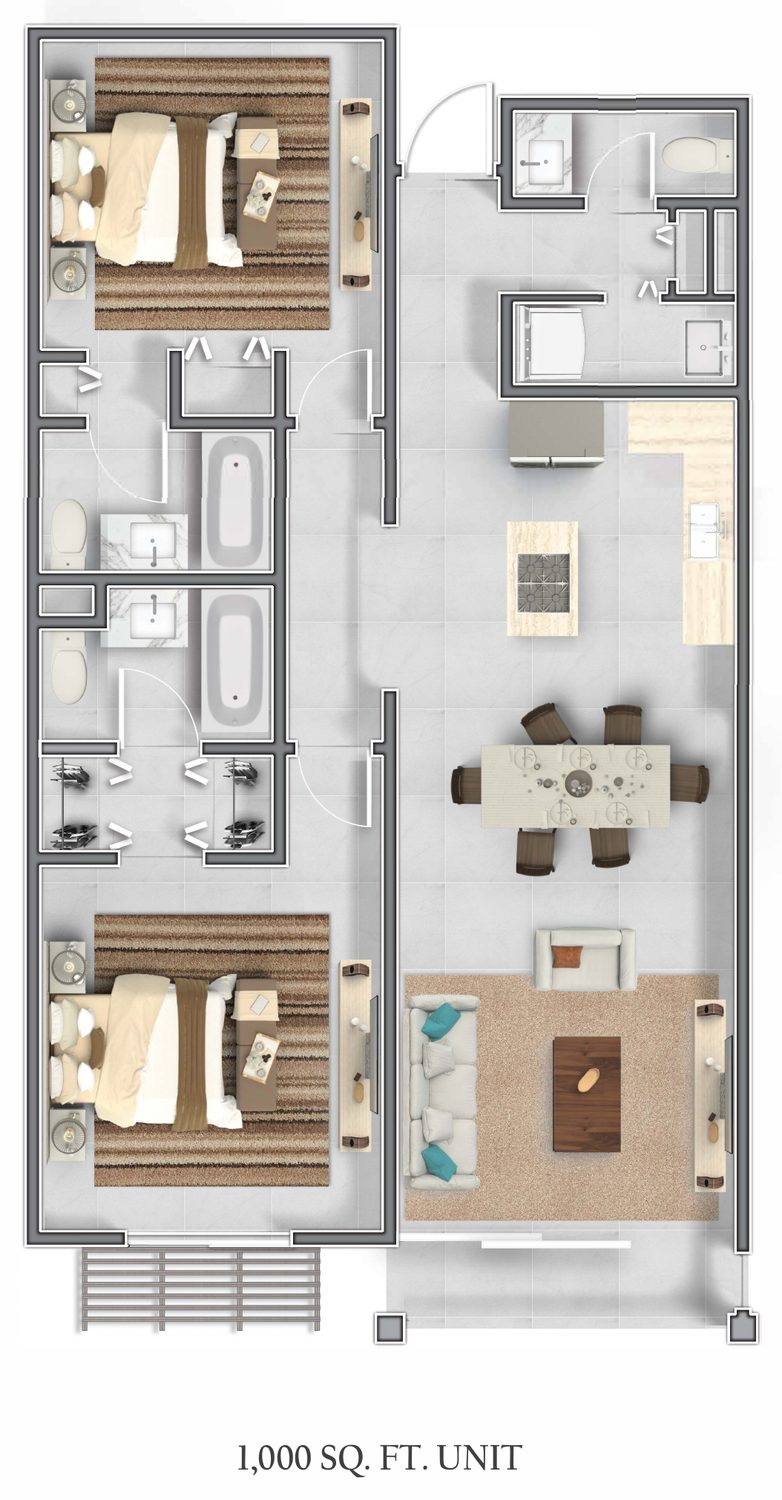 Vitalia two-bedroom residence floor plan, about 1,000 sq ft